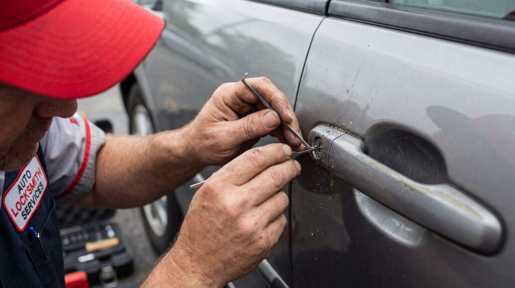  Professional automotive locksmith using specialized tools to unlock a vehicle's driver side door.